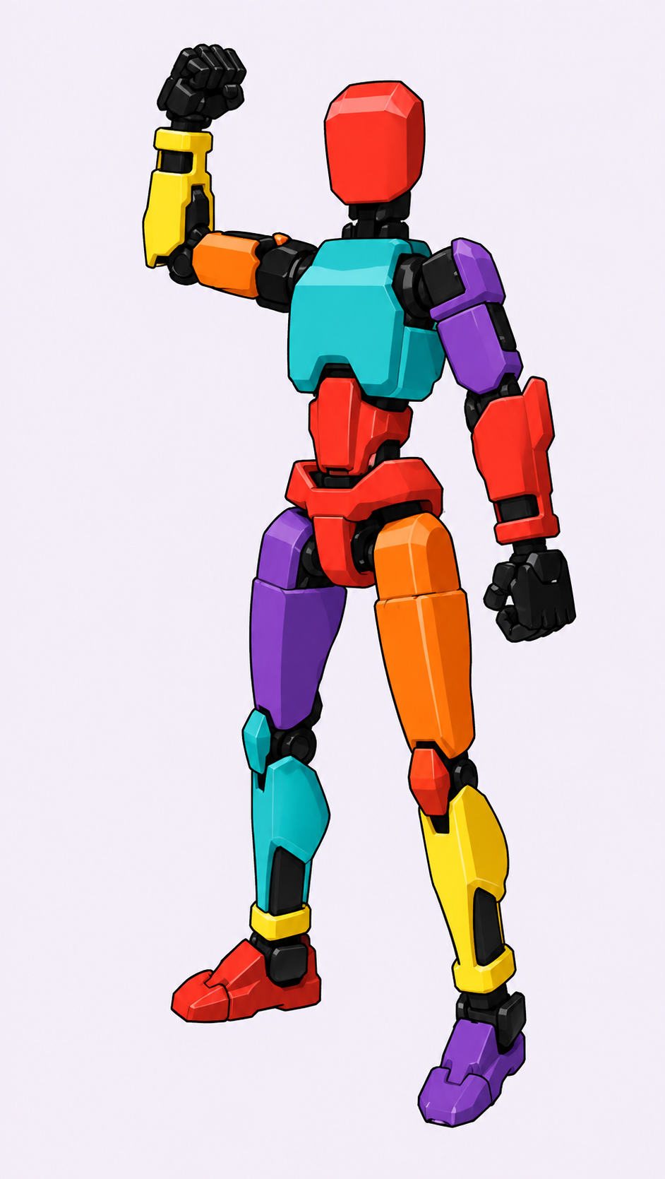 Ilustração de boneco articulado com esqueleto preto e peças roxas, laranjas, turquesas, amarelas e vermelhas, com peito liso.